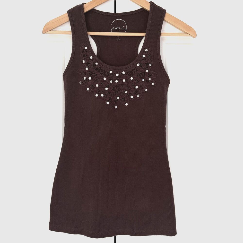INC Shirt Women’s Brown Sleeveless Lace Beaded Tank Knit Pullover Medium
